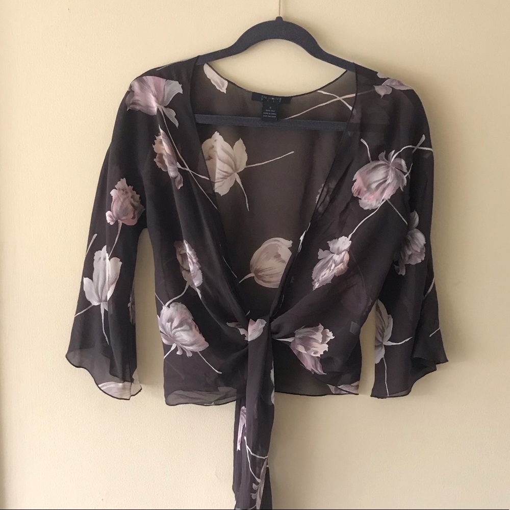 Vintage floral sheer silk tie-front blouse